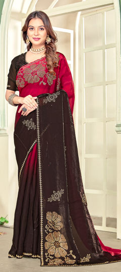 Red and Maroon color Saree in Satin Silk fabric with Thread, Zircon work