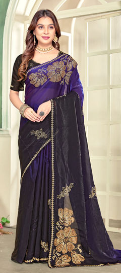 Purple and Violet color Saree in Satin Silk fabric with Thread, Zircon work