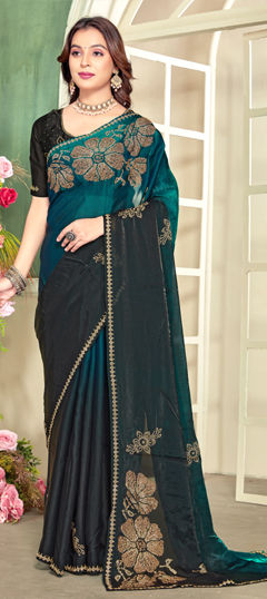 Green color Saree in Satin Silk fabric with Thread, Zircon work
