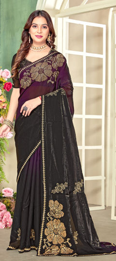 Purple and Violet color Saree in Satin Silk fabric with Thread, Zircon work