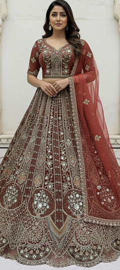 Red and Maroon color Lehenga in Organza Silk fabric with Embroidered, Sequence, Thread work