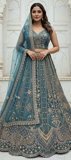 Blue color Lehenga in Organza Silk fabric with Embroidered, Sequence, Thread work