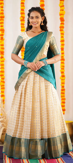 White and Off White color Lehenga in Kanjeevaram Silk fabric with Weaving, Zari work