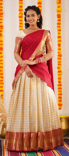 White and Off White color Lehenga in Kanjeevaram Silk fabric with Weaving, Zari work