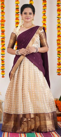 White and Off White color Lehenga in Kanjeevaram Silk fabric with Weaving, Zari work