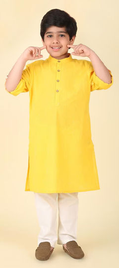 Yellow color Boys Kurta Pyjama in Blended Cotton fabric with Thread work