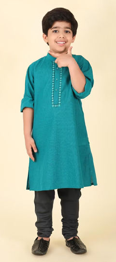 Blue color Boys Kurta Pyjama in Blended Cotton fabric with Embroidered work