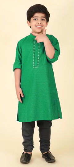 Green color Boys Kurta Pyjama in Blended Cotton fabric with Embroidered work