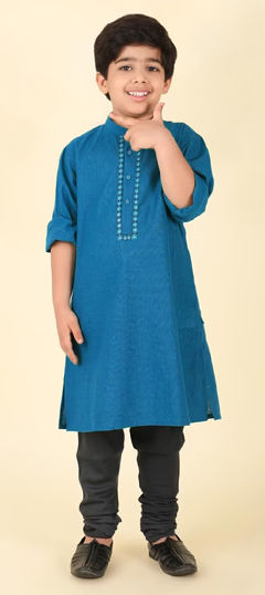 Blue color Boys Kurta Pyjama in Blended Cotton fabric with Embroidered work