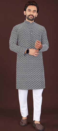 Black and Grey color Kurta Pyjamas in Cotton fabric with Embroidered, Thread work