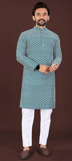 Blue color Kurta Pyjamas in Cotton fabric with Embroidered, Thread work