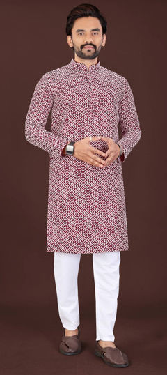Red and Maroon color Kurta Pyjamas in Cotton fabric with Embroidered, Thread work