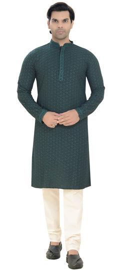 Green color Kurta Pyjamas in Cotton, Rayon fabric with Embroidered work