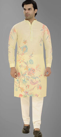 Yellow color Kurta Pyjamas in Cotton, Linen fabric with Floral work
