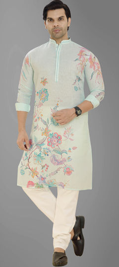 Green color Kurta Pyjamas in Cotton, Linen fabric with Floral work