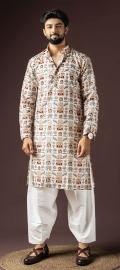 Beige and Brown color Kurta Pyjamas in Blended Cotton fabric with Printed work