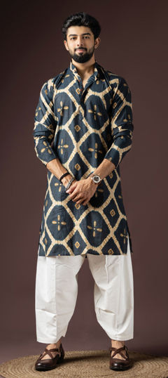 Blue color Kurta Pyjamas in Rayon fabric with Printed work