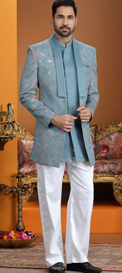Blue color IndoWestern Dress in Art Silk fabric with Embroidered, Thread work