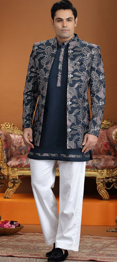 Blue color IndoWestern Dress in Art Silk fabric with Embroidered, Thread work