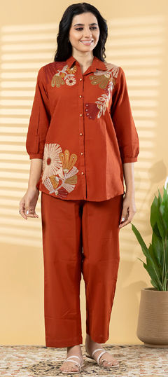 Red and Maroon color Co-ords Set in Cotton Flex fabric with Embroidered work