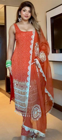 Red and Maroon color Salwar Kameez in Faux Georgette fabric with Bandhej, Printed, Sequence work