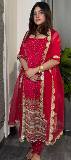 Pink and Majenta color Salwar Kameez in Faux Georgette fabric with Bandhej, Printed, Sequence work