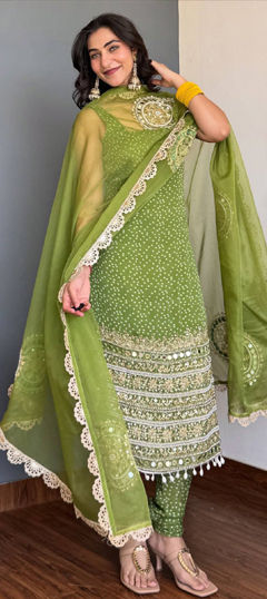 Green color Salwar Kameez in Faux Georgette fabric with Bandhej, Printed, Sequence work