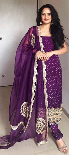 Purple and Violet color Salwar Kameez in Faux Georgette fabric with Bandhej, Printed, Sequence work