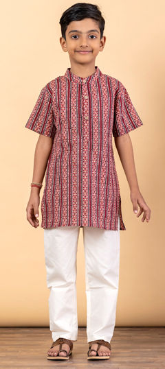 Red and Maroon color Boys Kurta Pyjama in Cotton fabric with Printed work