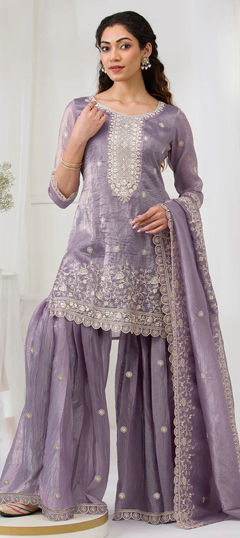 Purple and Violet color Salwar Kameez in Crushed Silk fabric with Embroidered, Sequence, Thread work
