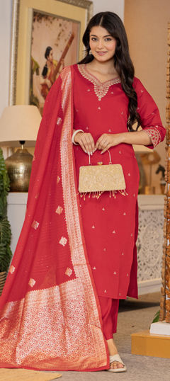 Red and Maroon color Salwar Kameez in Art Silk fabric with Embroidered, Weaving work