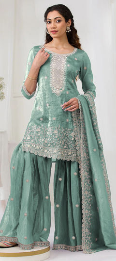 Blue color Salwar Kameez in Crushed Silk fabric with Embroidered, Sequence, Thread work