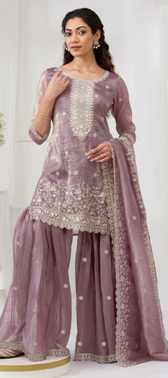 Purple and Violet color Salwar Kameez in Crushed Silk fabric with Embroidered, Sequence, Thread work