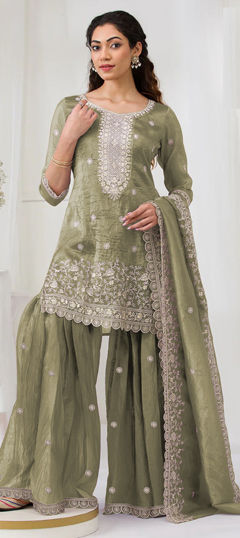 Green color Salwar Kameez in Crushed Silk fabric with Embroidered, Sequence, Thread work