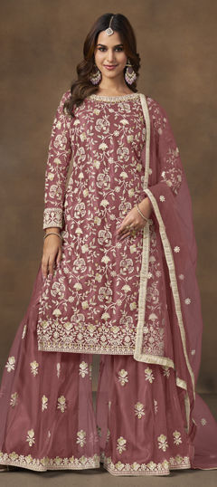 Red and Maroon color Salwar Kameez in Net fabric with Embroidered, Sequence, Thread work