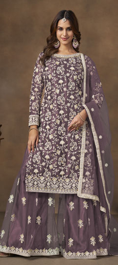 Purple and Violet color Salwar Kameez in Net fabric with Embroidered, Sequence, Thread work