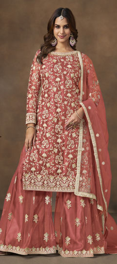 Beige and Brown color Salwar Kameez in Net fabric with Embroidered, Sequence, Thread work