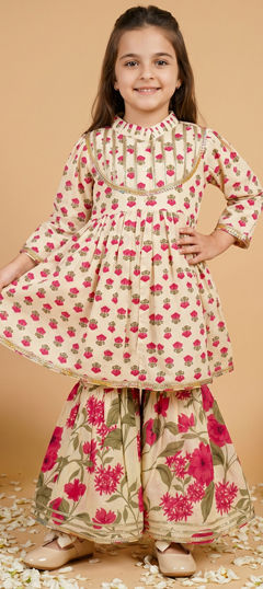 Pink and Majenta, White and Off White color Girls Top with Bottom in Cotton fabric with Floral, Gota Patti, Printed work
