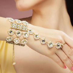 Gold Rodium Polish Pink and Majenta, White and Off White color Haath Paan in Metal Alloy studded with Kundan