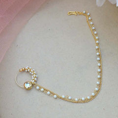 Gold Rodium Polish White and Off White color Nose Ring in Metal Alloy studded with Kundan