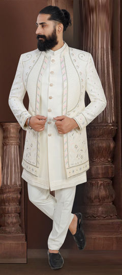 White and Off White color IndoWestern Dress in Rayon fabric with Embroidered, Sequence work