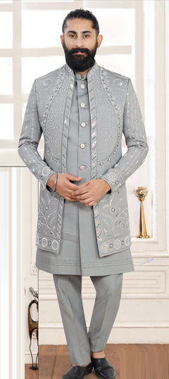 Black and Grey color IndoWestern Dress in Rayon fabric with Embroidered, Sequence work