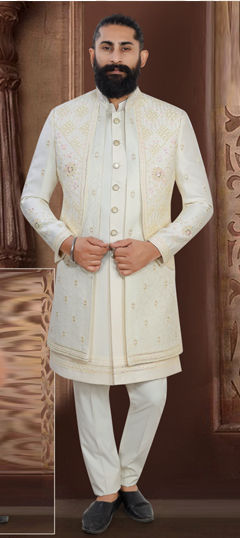White and Off White color IndoWestern Dress in Rayon fabric with Embroidered, Sequence work