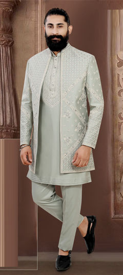 Green color IndoWestern Dress in Rayon fabric with Embroidered, Sequence work
