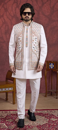 White and Off White color IndoWestern Dress in Art Silk fabric with Embroidered, Thread work