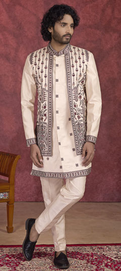 Beige and Brown color IndoWestern Dress in Art Silk fabric with Embroidered, Thread work