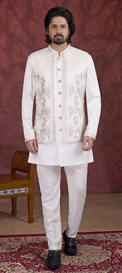 White and Off White color IndoWestern Dress in Art Silk fabric with Embroidered, Thread work
