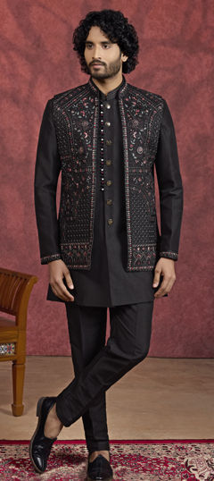 Black and Grey color IndoWestern Dress in Art Silk fabric with Embroidered, Thread work