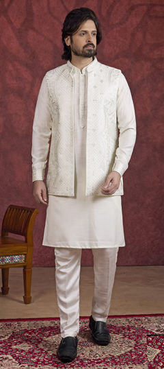 White and Off White color Kurta Pyjama with Jacket in Art Silk fabric with Embroidered, Thread work