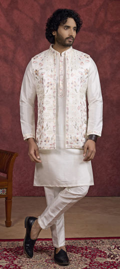 White and Off White color Kurta Pyjama with Jacket in Art Silk fabric with Embroidered, Thread work